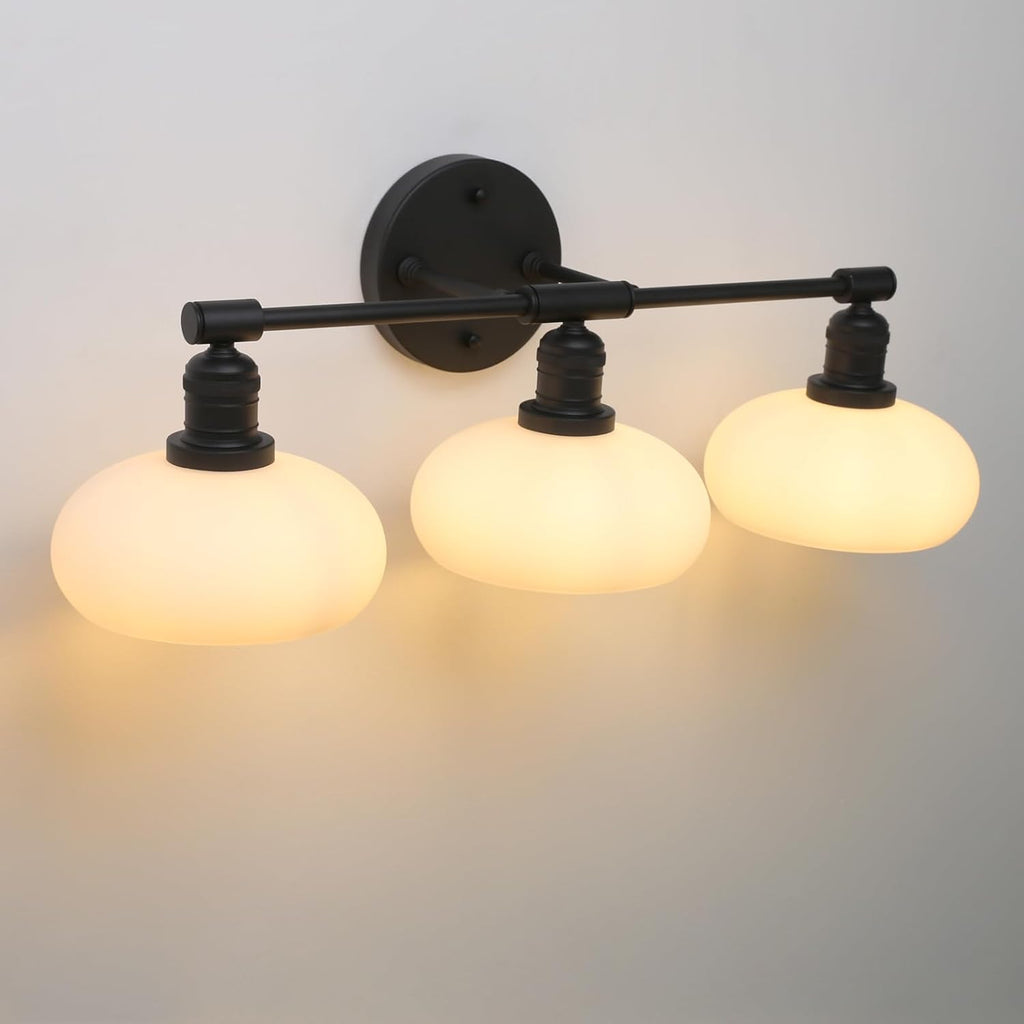 Pathson 3-Lights Milky Bathroom Wall Sconces, Hardwired Triple Head Glass Wall Vanity Light Fixtures, Vintage Wall Lamps Home Decor for Mirror Living Room, E26 Bulb Base