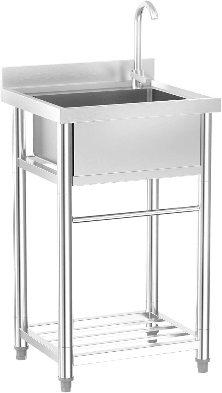 ROVSUN Stainless Steel Utility Sink with Faucet and Storage Shelf, 19.6'D x 21.6'W x 36.9'H, Compact Freestanding Single Bowl Wash Basin for Restaurant, Kitchen, Laundry, Garage & Outdoor Use