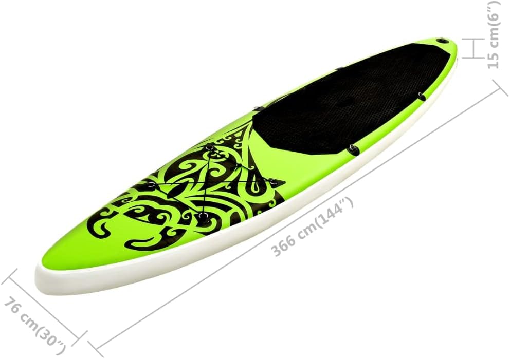 vidaXL Inflatable Paddleboard Set - 144.1'x29.9'x5.9' Stand Up Paddle Board in Green - Kayak & Paddleboard, Optimum Curve Design for Stability, Puncture-Proof and UV-Resistant Material, Includes H...