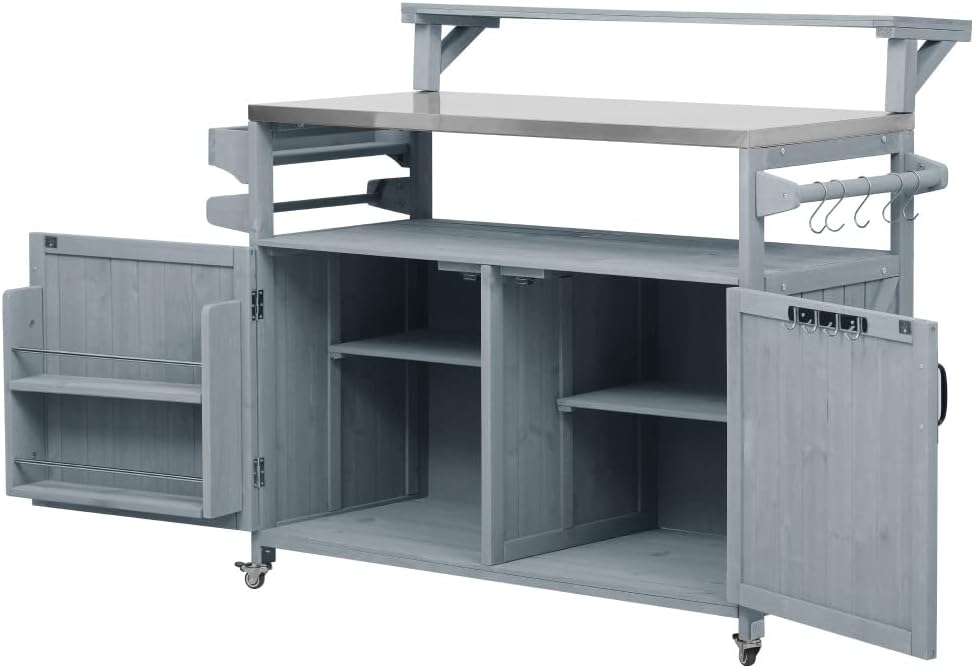 53.3' Outdoor Kitchen Island with Raised Shelf, Solid Wood Storage Cabinet with Stainless Steel Top, Outdoor Rolling Grill Cart with Internal Storage Rack, Adjustable Shelf, Spice Rack (Grey)