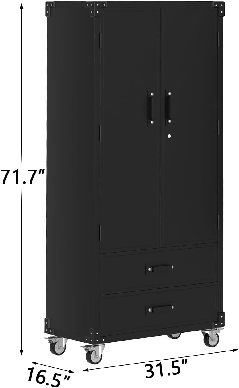 GarveeHome 72 in Metal Storage Cabinet with Wheels, Locking Doors & 2 Drawers,Heavy Duty Rolling Garage Organizer with 3 Adjustable Shelves for Home/Office/Workshop/Warehouse