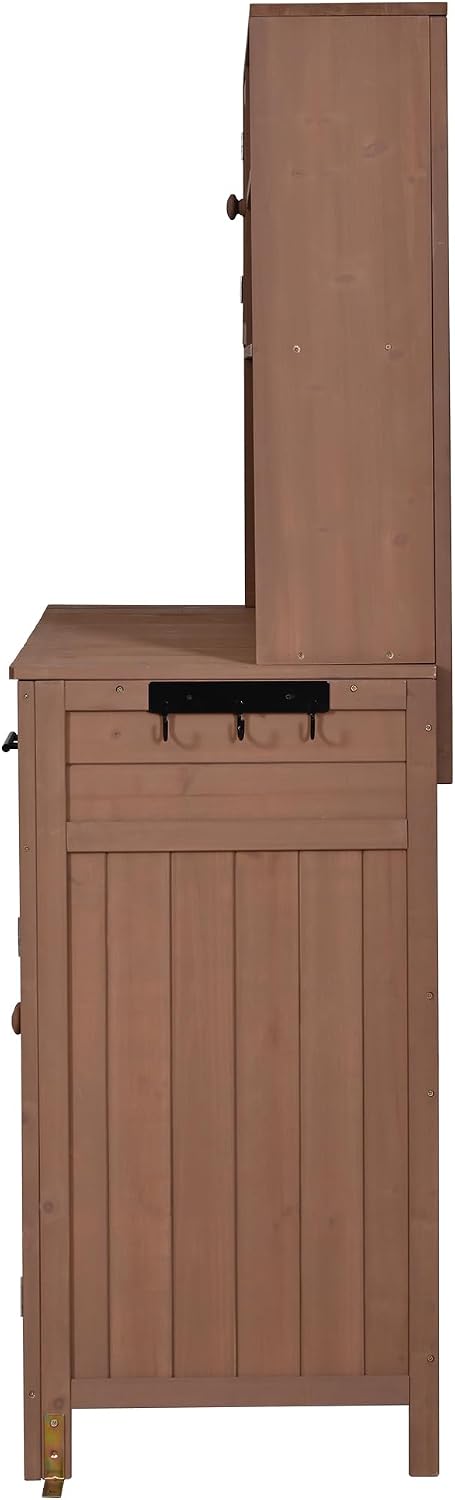 Potting Bench with Hutch, 65' H Solid Fir Wood Garden Workstation, Large Countertop, Patio Kitchen Island with Adjustable Shelves, Spice Rack, Side Hook and Drawer (Brown-P1)