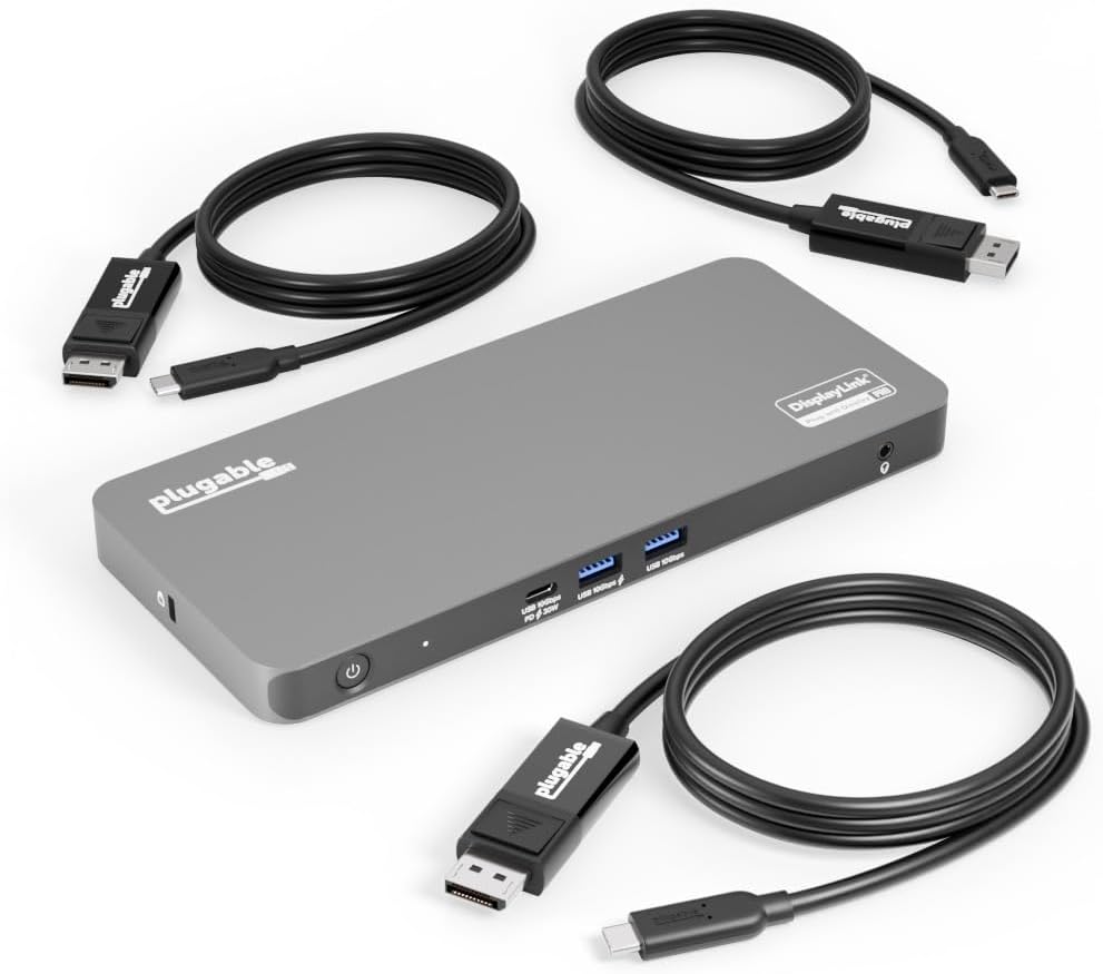 Plugable 5 Monitor USB-C Docking Station with 140W Power + 3X USB-C to DisplayPort 4K@60Hz Cables (6ft) – Complete Multimonitor Dock Bundle for Mac and Windows