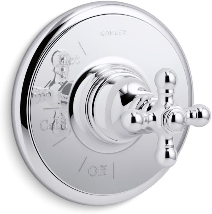 KOHLER TS72767-3-CP Artifacts Rite-Temp Valve Trim with Cross Handle, Faceplate with Single Metal Cross Handle, Polished Chrome