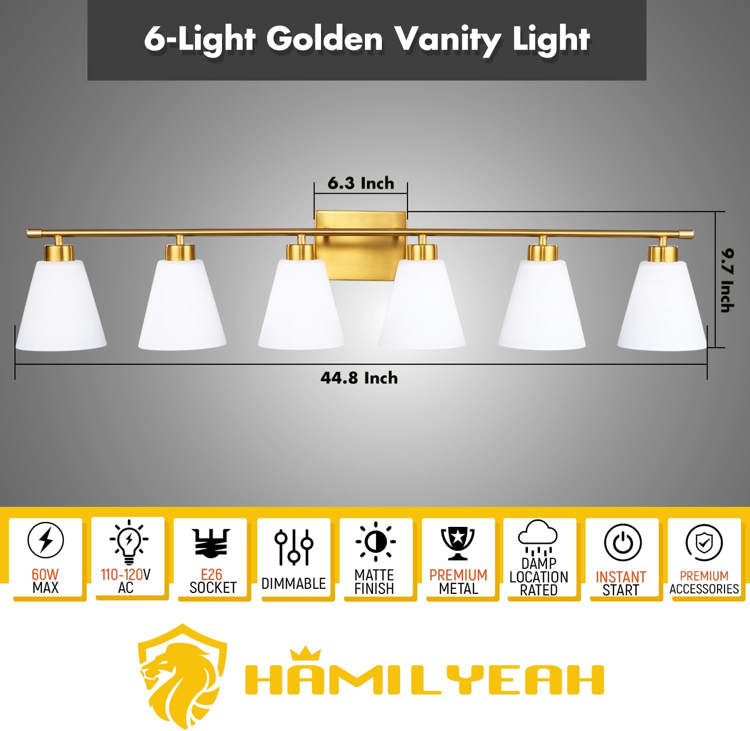Hamilyeah 6 Light Bathroom Vanity Light Gold, 45 inch Gold Bathroom Vanity Lighting Fixtures Over Mirror with Milk Glass Shade, 6 Bulb Light Fixtures Over Mirror