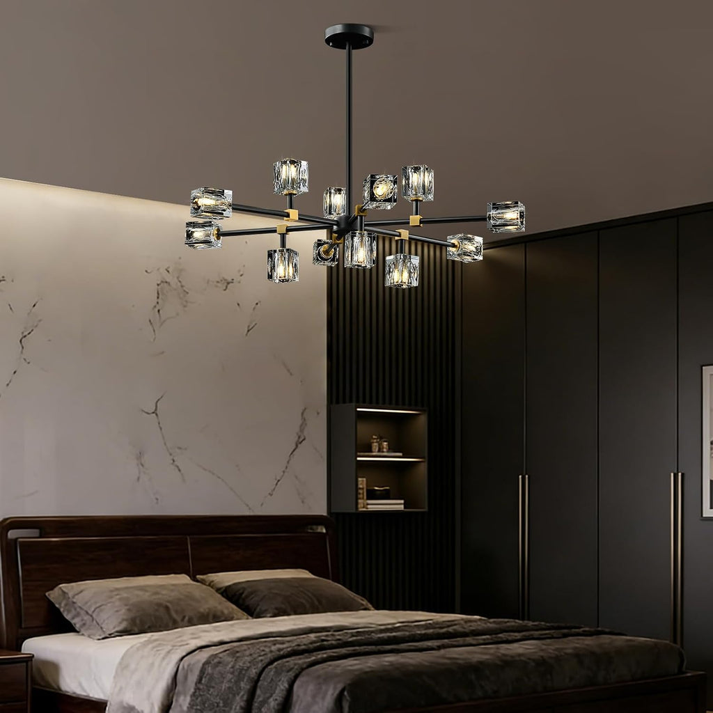 Modern Sputnik Crystal Kitchen Chandelier - Luxury Elegant 12 Light Adjustable Height Pendant Lighting Ceiling Fixture - Black and Gold Brushed Brass Chandeliers for Dining Room Living Room Island