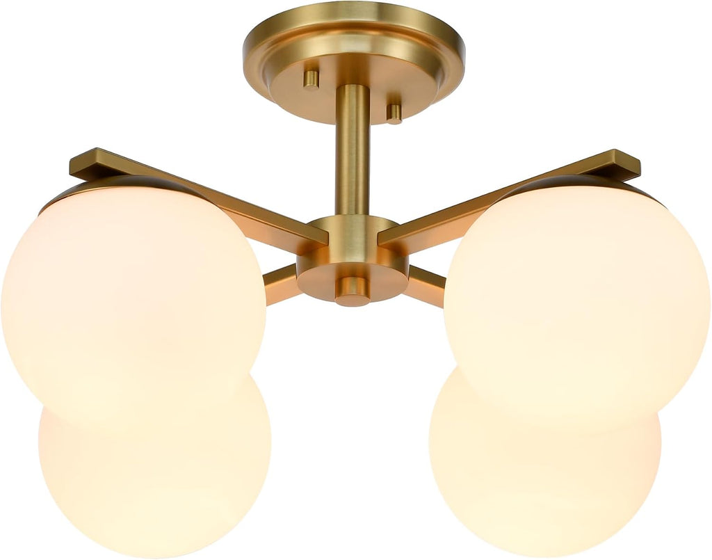 Aged Brass Semi Flush Mount Ceiling Light, 4-Ligh Modern Kitchen Lighting Fixtures with Globe Glass Shade, Hallway Light Fixtures Ceiling Mount for Dining Room, Living Room, Bedroom, Foyer