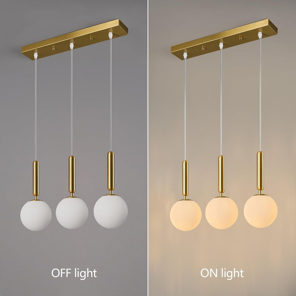Modern Gold Pendant Light Hanging Fixture Light for Kitchen Island Mid Century with Globe Pendant Light Milk White Glass Pendant Lighting for Living Room Bedroom Entryway (3-Light)