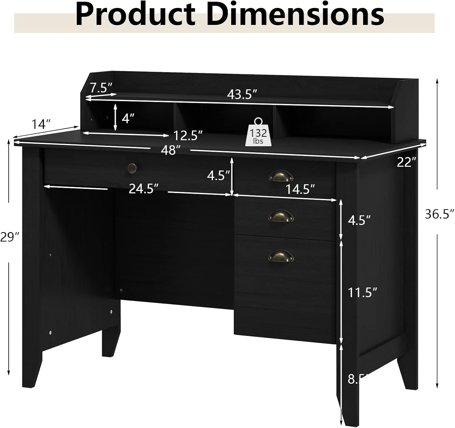 48' Vintage Computer Desk with 4 Storage Drawers & Top Hutch, Home Office Workstation with Drawer & Monitor Stand, Wooden Study Work Writing Table (Black)