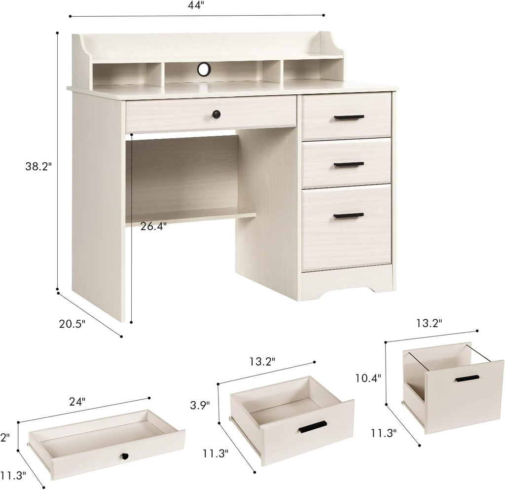 Catrimown Computer Desk with Drawers and Hutch, Farmhouse Home Office Desk, Wood Student Desk with File Drawer for Bedroom, Writing Table for Small Space, Warm White