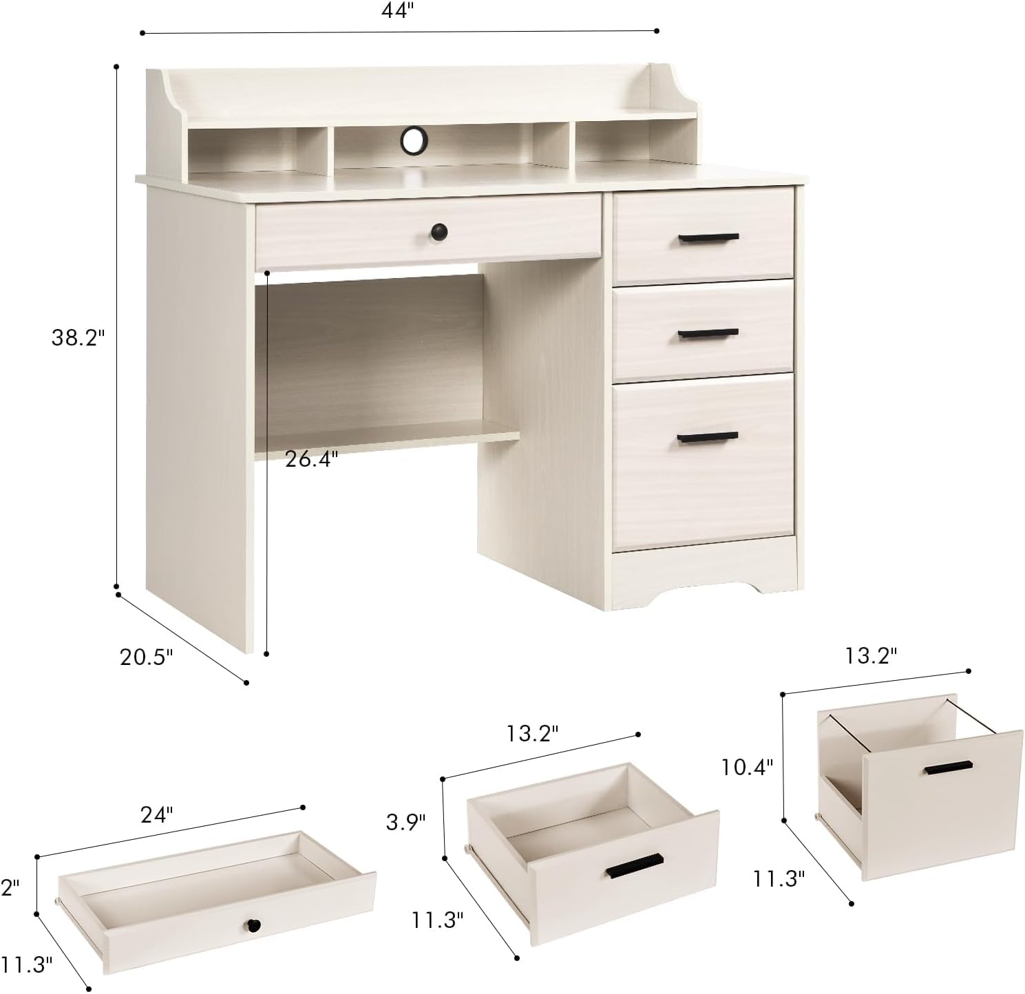 Catrimown Computer Desk with Drawers and Hutch, Farmhouse Home Office Desk, Wood Student Desk with File Drawer for Bedroom, Writing Table for Small Space, Warm White