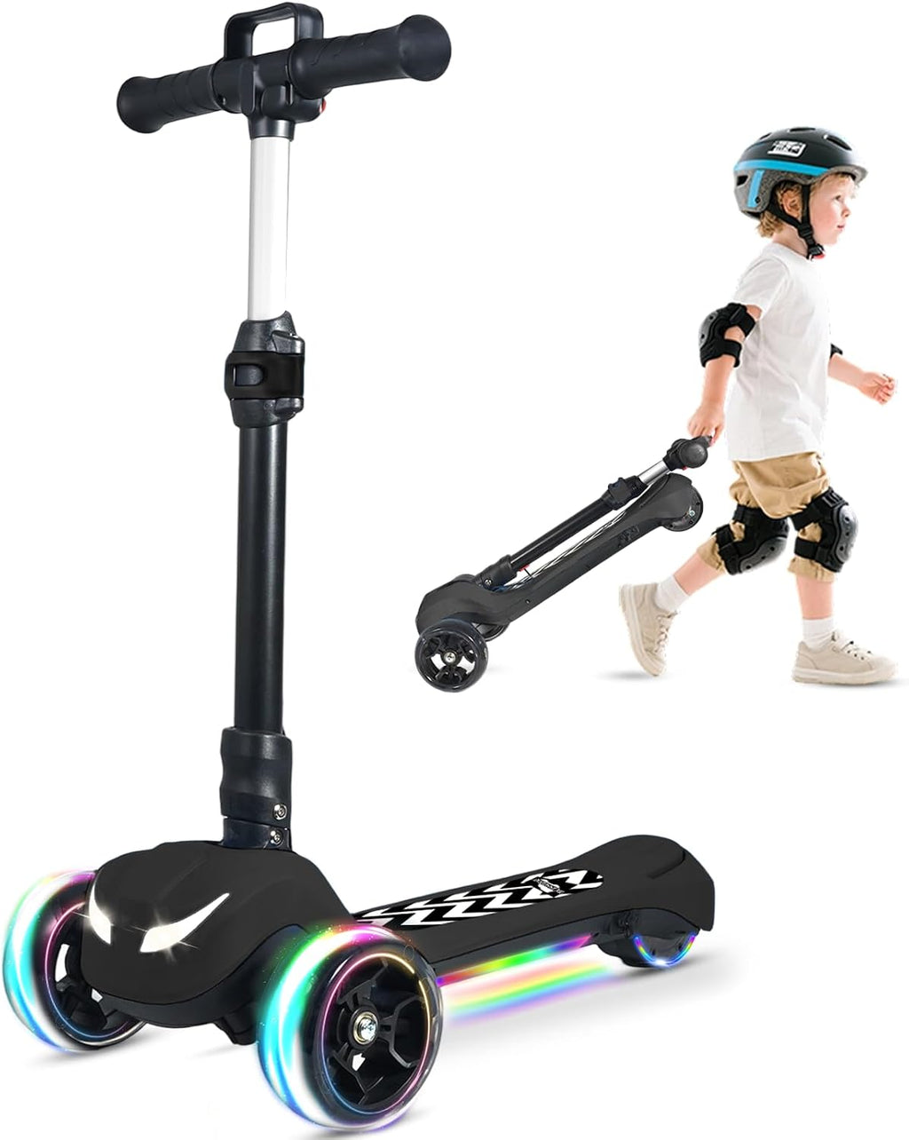 Electric Scooter for Kids Ages 3-12, Full Body Lights Up, Wide Deck, 3 Adjustable Heights, 5MPH Safe Speed, 90min Riding, Foldable 3 Wheel Electric Scooter for Kids Boys Girls Toddler