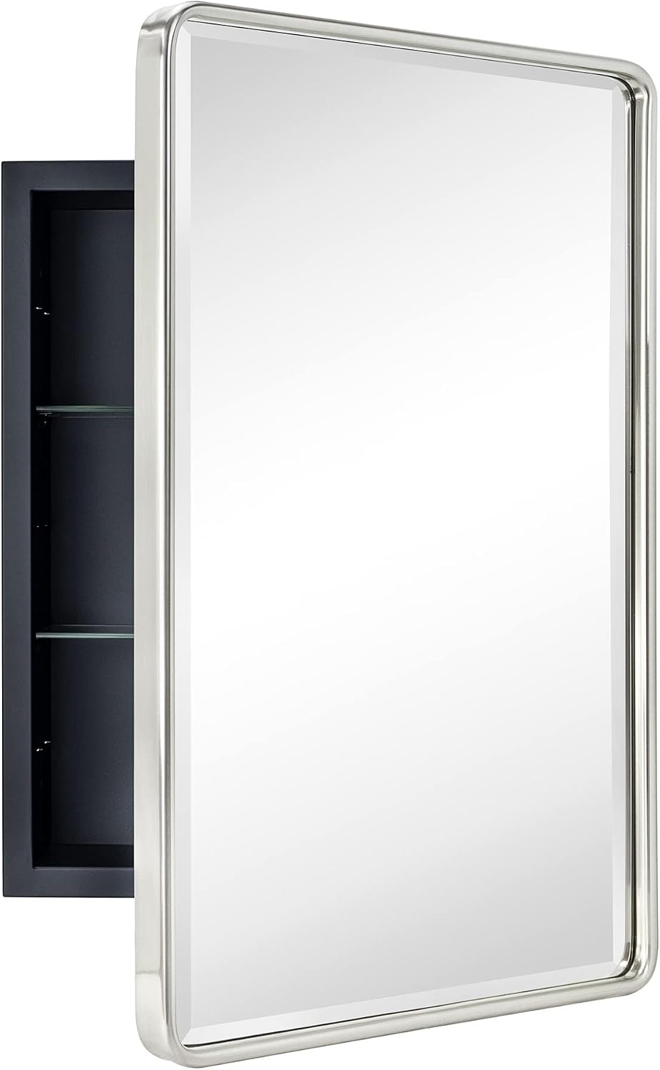 TEHOME Farmhouse Brushed Nickel Metal Framed Recessed Bathroom Medicine Cabinet with Mirror Rounded Rectangle Medicine Cabinet with Beveled Mirror 16x24''