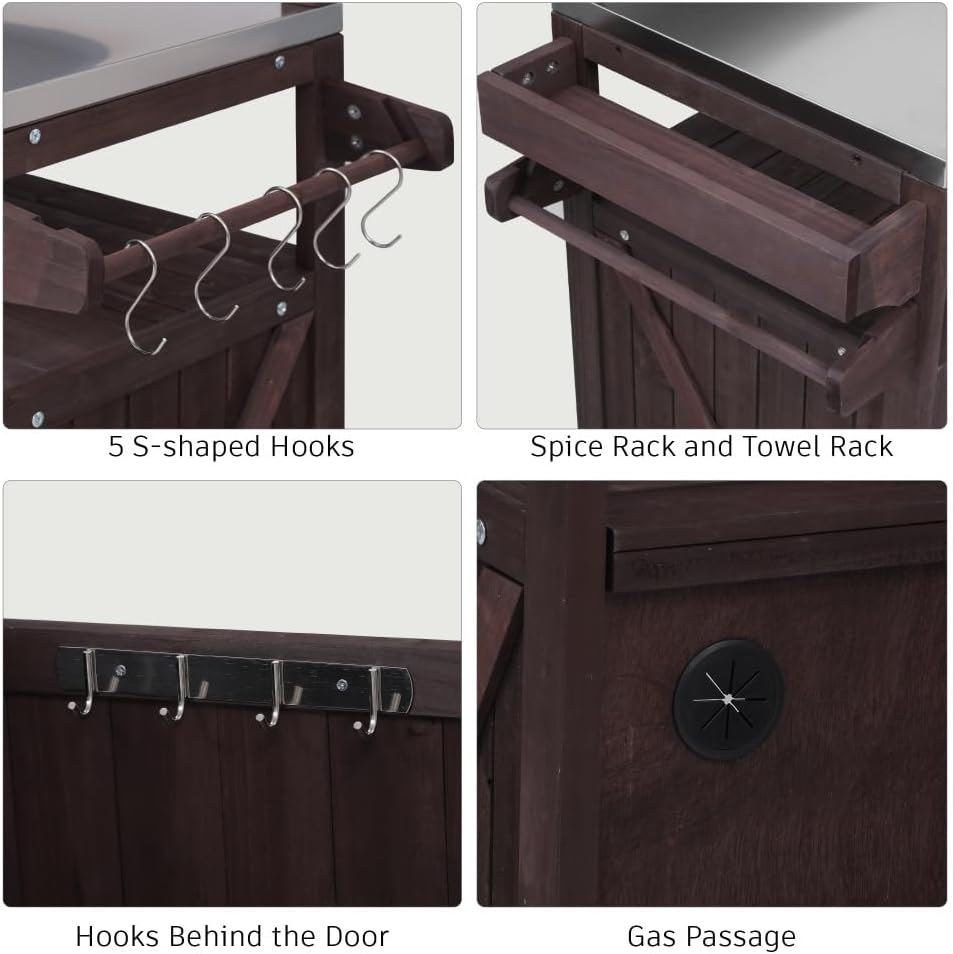 53.3' Outdoor Kitchen Island with Raised Shelf, Solid Wood Storage Cabinet with Stainless Steel Top, Outdoor Rolling Grill Cart with Internal Storage Rack, Adjustable Shelf, Spice Rack (Brown)