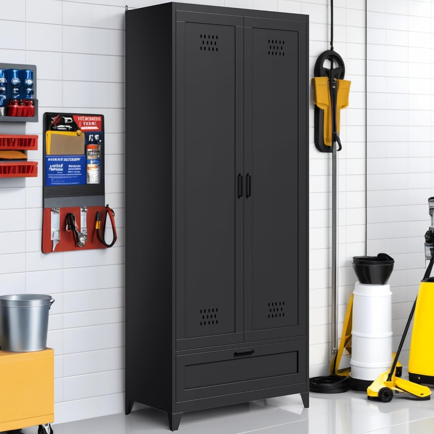 YITAHOME 71' Metal Garage Broom Cabinets with Adjustable Shelves, Vacuum Storage Cabinet with Doors and Drawer, Tool Storage Cabinet for Gym, Basement, Warehouse, Black, Metal
