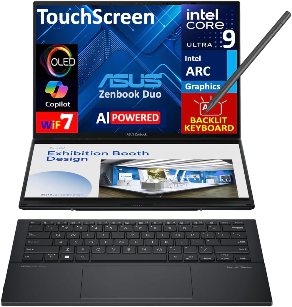 ASUS Zenbook Duo AI Powered 2-in-1 Laptop 14.0' Touchscreen OLED 2.8K Display (Intel Ultra 9-285H, 32GB LPDDR5X, 4TB PCIe SSD, Active Pen, Backlit KB, 2 Thunderbolt 4, WiFi 7, Win 11 Pro) w/USB-C Dock