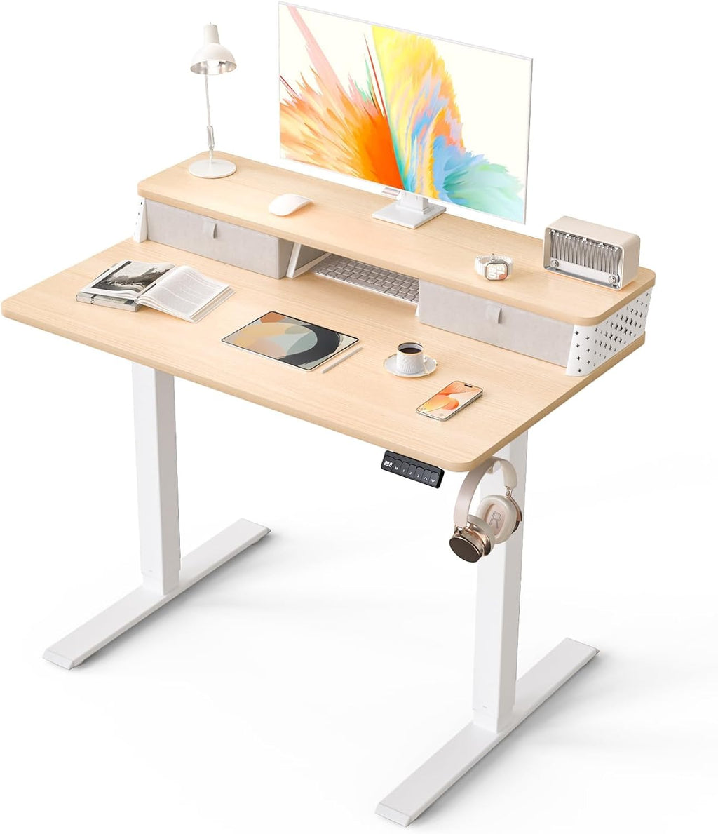 Kingant 40 x 24 Inch Small Electric Standing Desk with Dual Drawers, Height Adjustable Sit to Stand Computer Desk with Storage Shelf and C-Clamp Mount Compatibility for Home Office, Nature