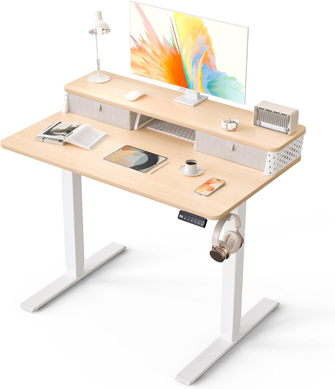 Kingant 40 x 24 Inch Small Electric Standing Desk with Dual Drawers, Height Adjustable Sit to Stand Computer Desk with Storage Shelf and C-Clamp Mount Compatibility for Home Office, Nature