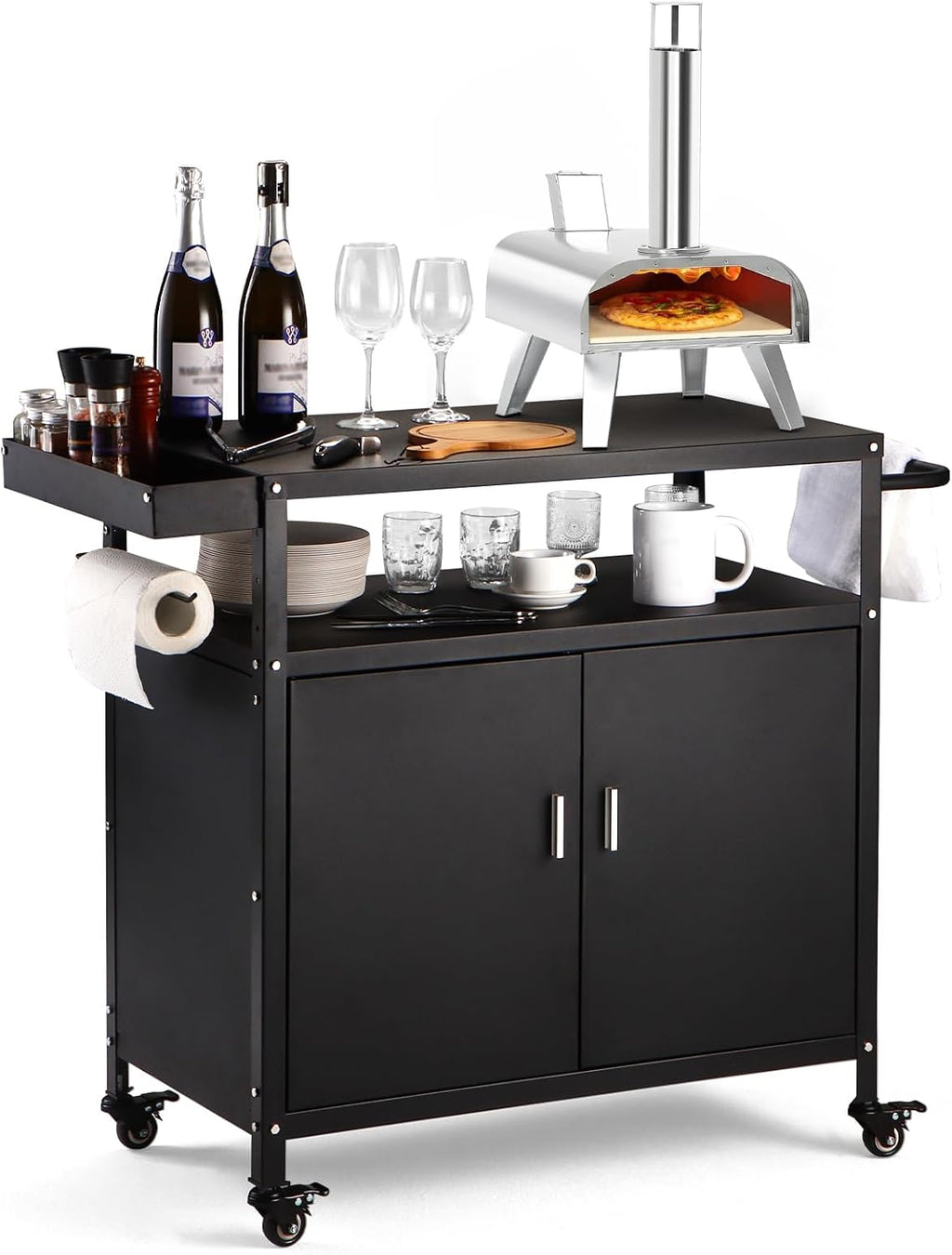 Outdoor Grill Cart with Storage Cabinet, Pizza Oven Stand Table with Wheels for Outside, Patio, Kitchen, Movable Outdoor Food Prep Table for Grill, BBQ