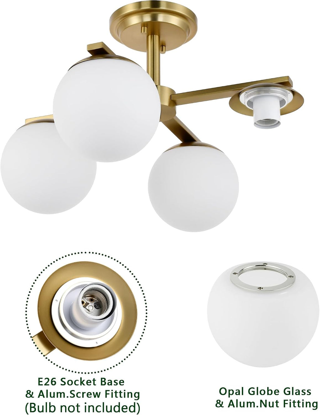 Aged Brass Semi Flush Mount Ceiling Light, 4-Ligh Modern Kitchen Lighting Fixtures with Globe Glass Shade, Hallway Light Fixtures Ceiling Mount for Dining Room, Living Room, Bedroom, Foyer