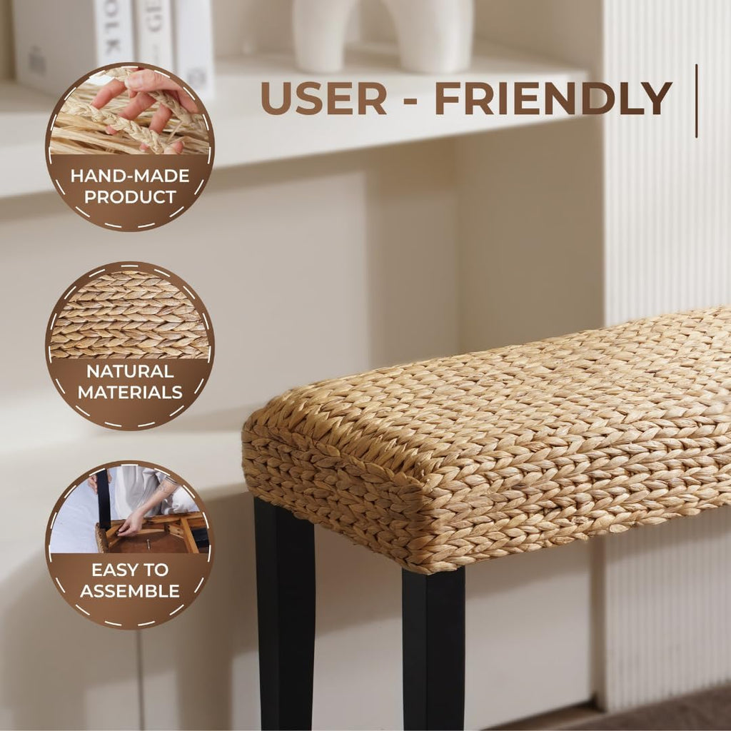 Entryway Bench with Solid Wood Acacia, 47' End of Bed Bench for Bedroom, Water Hyacinth Indoor Bench Seat, Boho Woven Bench for Living Room, Wicker Bench for Hallway or Kitchen, Wood Bench (Black Leg)