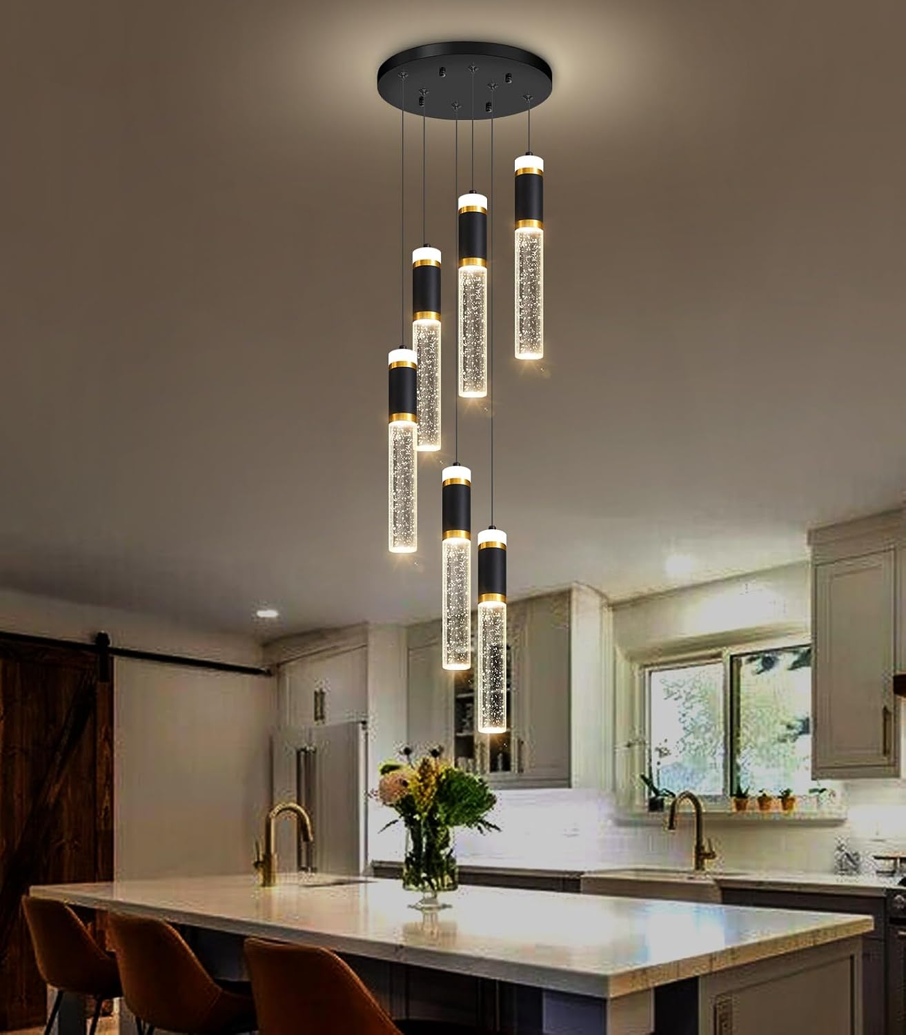 6-Lights Modern Crystal Spiral Chandelier for Staircase High Ceiling Chandeliers Bubble Pendant Lighting Hanging Light Fixture Flush Mount for Living Room Foyer Entryway