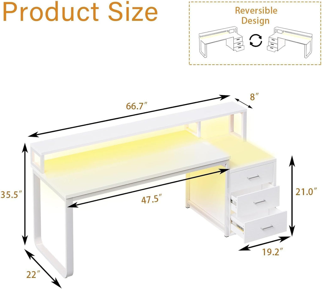 HOMBCK 67' Computer Desk with 3 Drawers, Home Office Desk with Long Monitor Stand and Printer Space, Office Desk with Storage & LED Lights, Writing Desk with Drawers, White