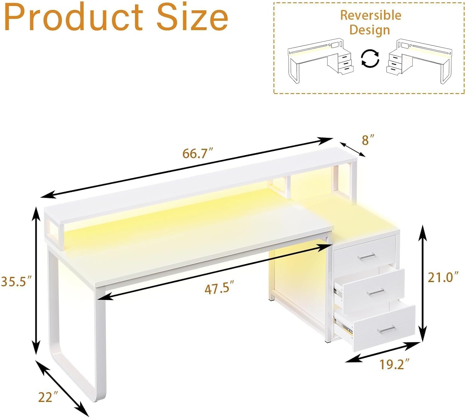 HOMBCK 67' Computer Desk with 3 Drawers, Home Office Desk with Long Monitor Stand and Printer Space, Office Desk with Storage & LED Lights, Writing Desk with Drawers, White