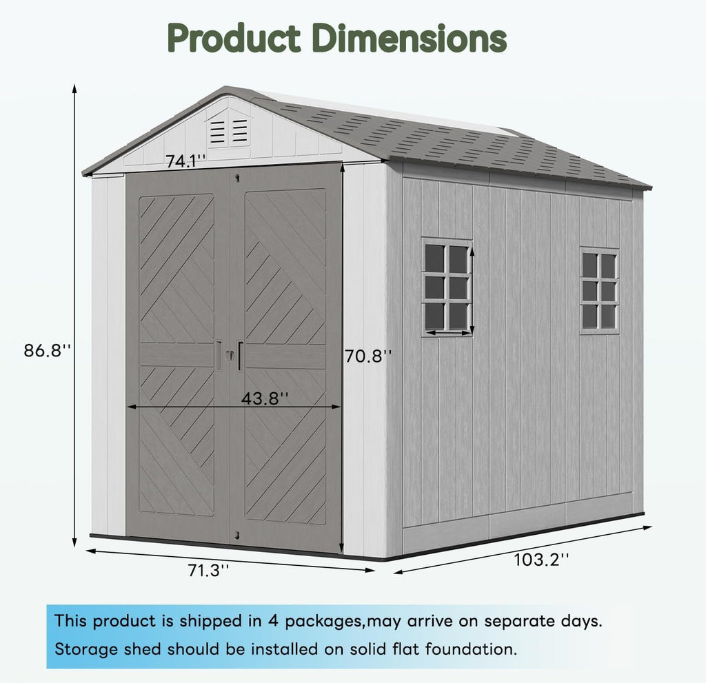 KINYING 6x9 FT Outdoor Storage Shed with Floor,Resin Outdoor Garden Tool Shed with Windows,Lockable Weather Resistant Large Plastic Shed for Bike Storage,Lawn Mower,Pool Supplies