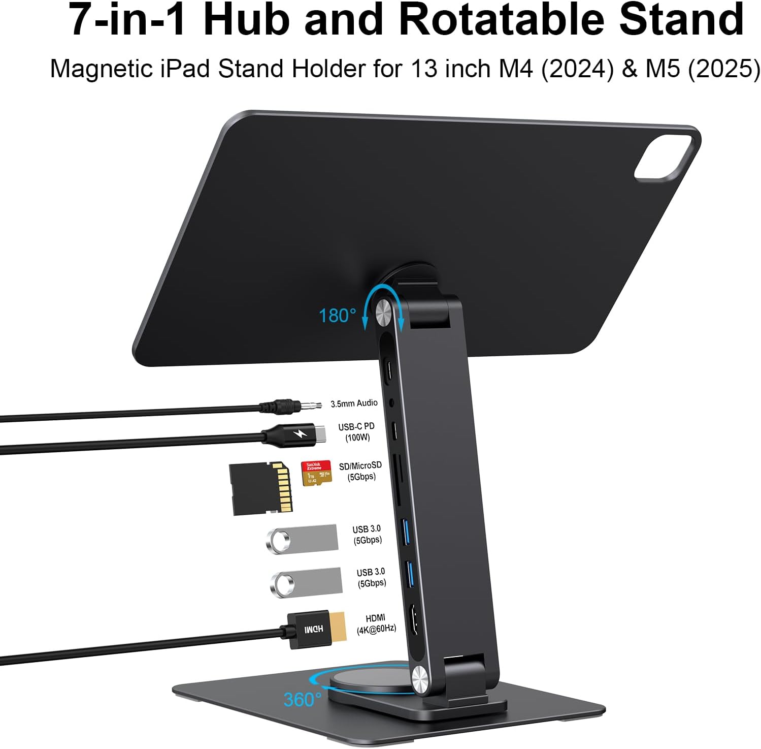 iPad Pro 13-inch(M4/M5 Magnetic Stand Hub, Foldable Stand Dock Holder for iPad Pro M4&M5 with 360° Rotation, 4K HDMI, Card Readers, USB3.0 5Gbps, 100W PD, 3.5mm Audio (M4&M5-13inch)