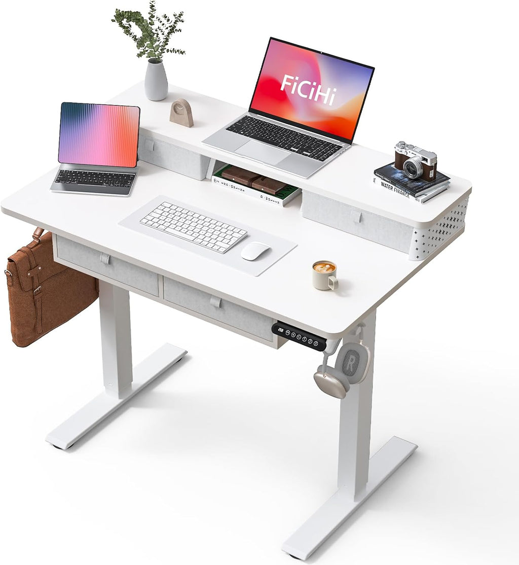 FiCiHi Electric Standing Desk with Four Drawers, 40 x 24 Inch Adjustable Height Sit Stand Desk, C-Clamp Compatible Home Office Desk with Storage Shelf & Monitor Stand Riser, White
