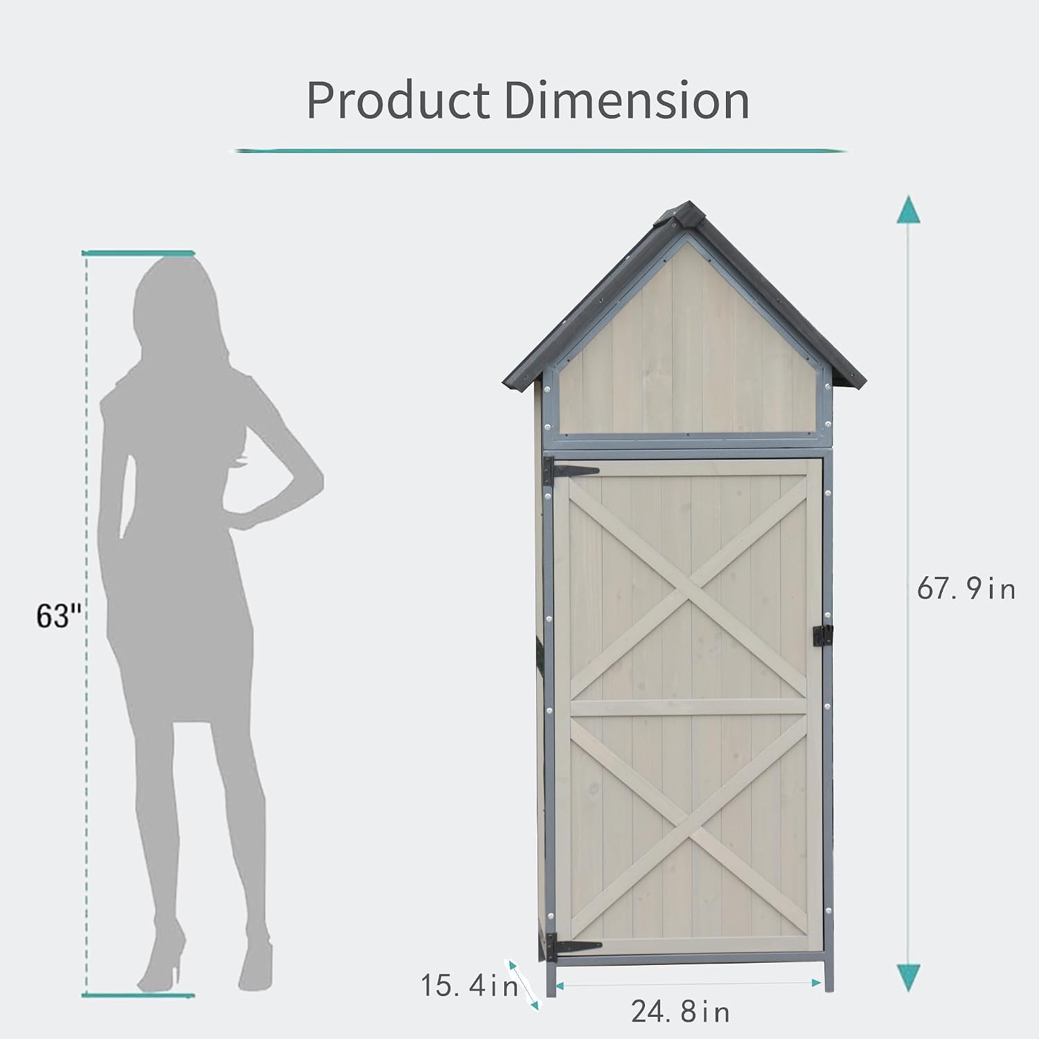 Outdoor Storage Shed with Floor, 68' Tall Wood Garden Tool Shed, Metal Framed Tool Cabinet with Adjustable Shelves, Outside Vertical Tool Shed