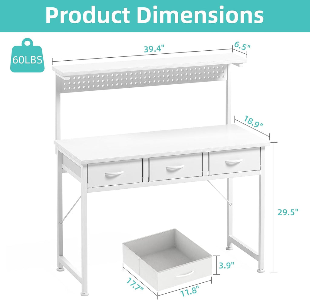 MUTUN Computer Desk with Drawers, 40 Inch Computer Desk with Power Outlet & LED Light, Gaming Desk with Adjustable Monitor Stand & Pegboard, Modern PC Study Writing Table for Bedroom, White