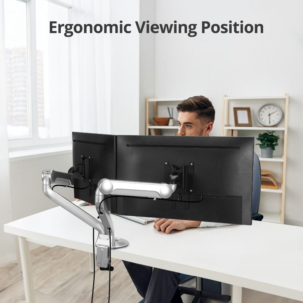 SIIG MTPRO Dual Monitor Desk Mount, Gas Spring Monitor Arm up to 32 inch Display, Max 19.8 lbs per arm, VESA 75 &100mm, Silver, TAA Compliant
