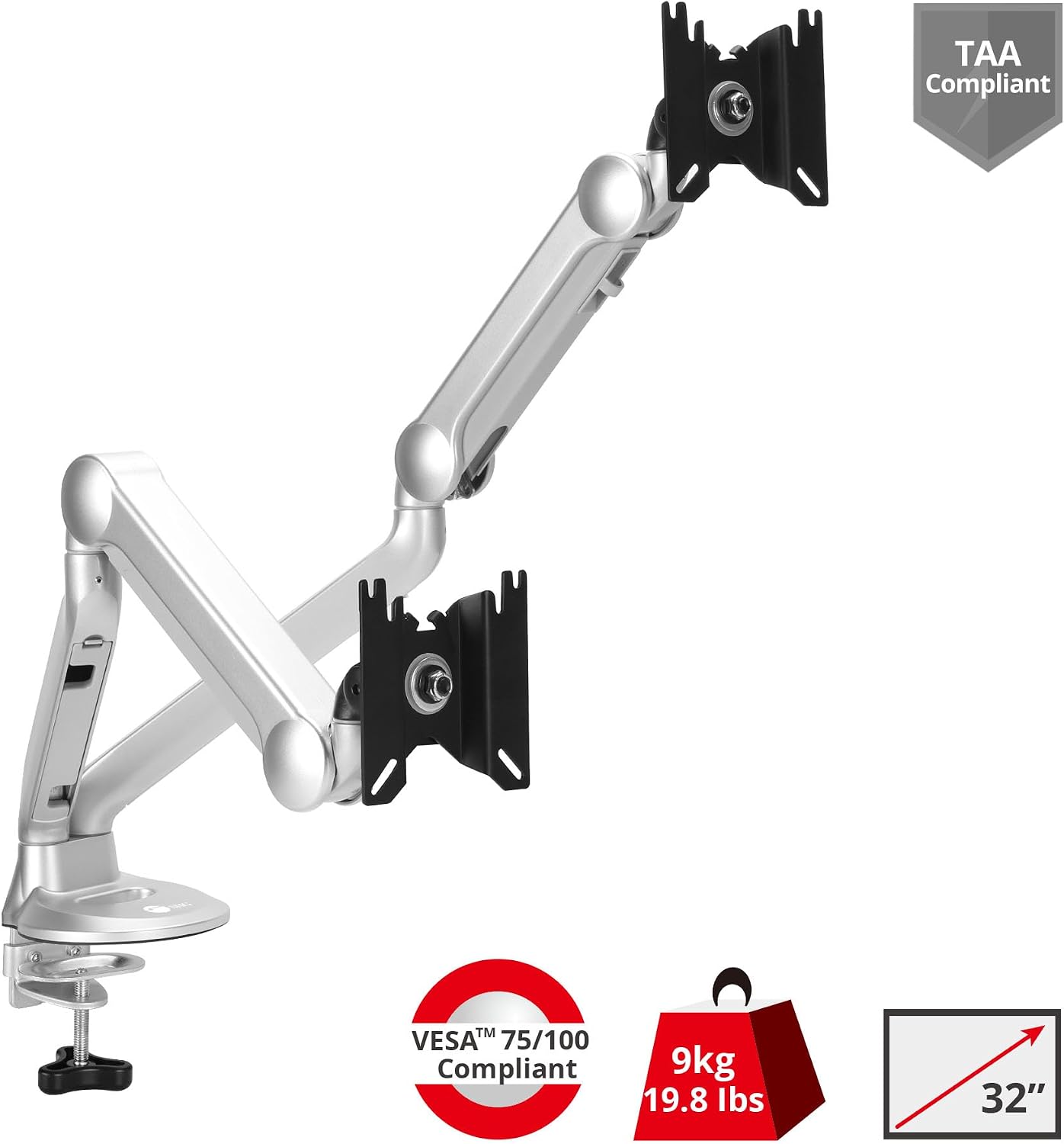 SIIG MTPRO Dual Monitor Desk Mount, Gas Spring Monitor Arm up to 32 inch Display, Max 19.8 lbs per arm, VESA 75 &100mm, Silver, TAA Compliant