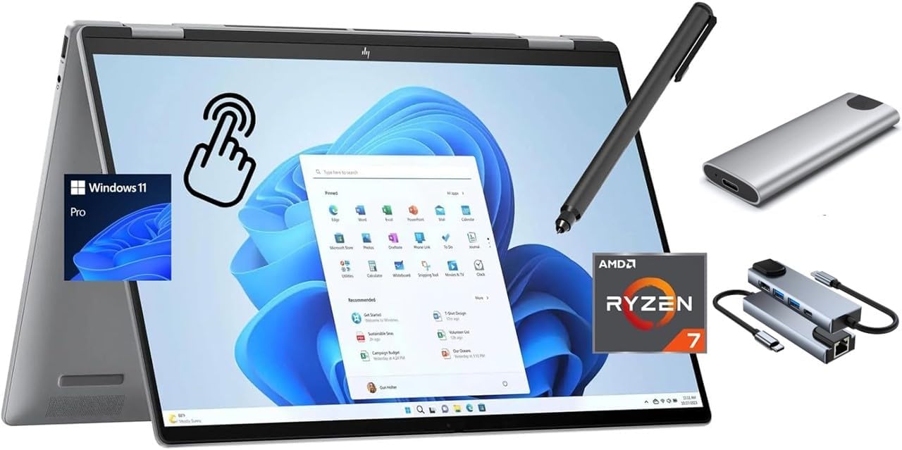 HP Envy x360 2-in-1 AI Copilot Laptop, 16' WUXGA Touchscreen, AMD Ryzen 7-8840HS(Beats i7-1355U), 16GB DDR5, 2TB SSD + 256GB Portable SSD Hub, Backlit, Webcam, Type-C/DP 1.4, Win 11 Pro