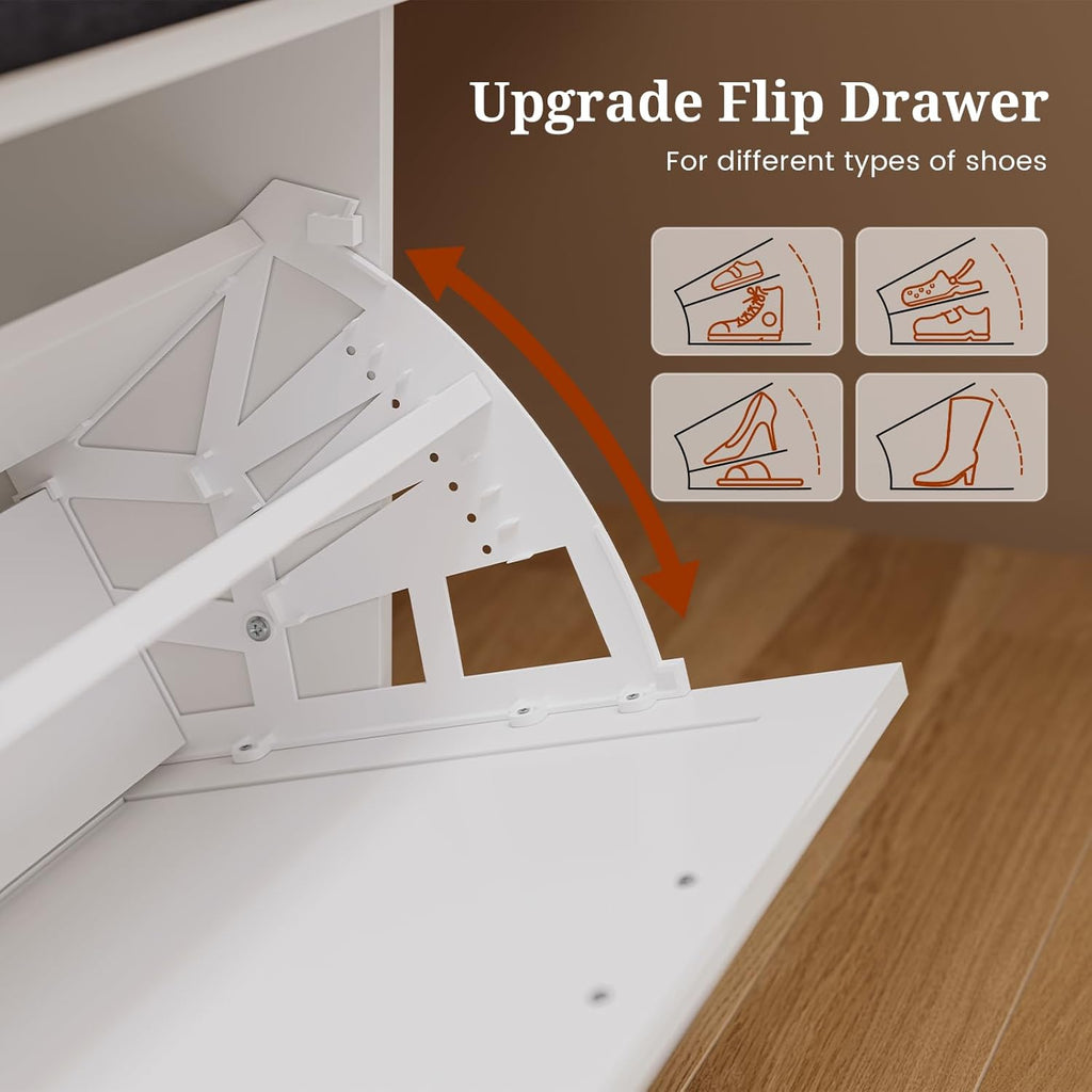UPOSOJA Farmhouse Storage Bench with Flip Drawers & Padded Seat Cushion, Half Hidden Shoe Rack Organizer, Adjustable Shelf Shoe Cabinet for Entryway, Bedroom, Living Room (White, 57IN)
