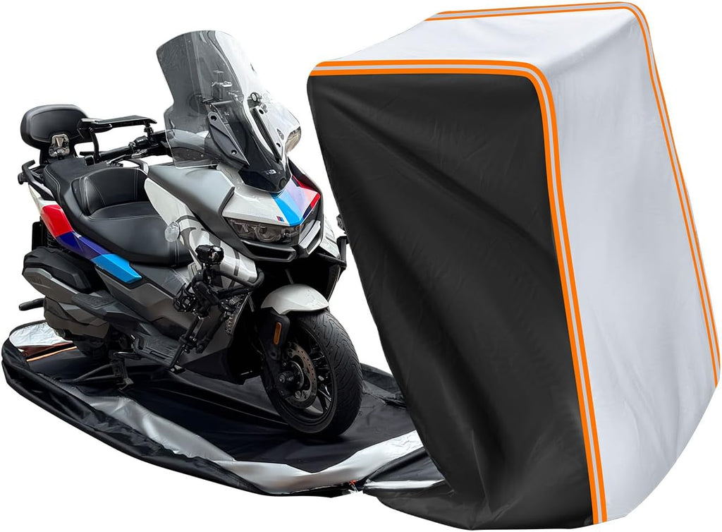Full Enclosed Large Motorcycle Cover Waterproof Outdoor/Indoor Storage Motorcycle Cover Heavy Duty with Reflective Strips Fits Motorcycles Length up to 118' with Side+Top Box (Black+Sliver)