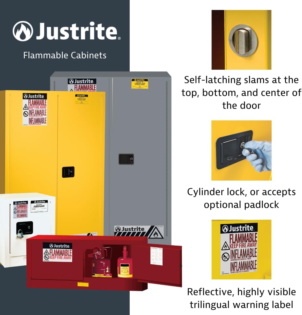 Justrite 30 Gallon Manual Close Flammable Storage Cabinet, 18 Gauge Steel, 1 Shelf, 2 Door Fire Cabinet, 44' x 43' x 18', Made in The USA, Yellow, 893000