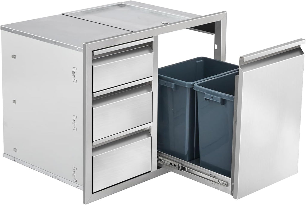 Outdoor Kitchen Drawer Combo, Stainless Steel Triple Drawer Cabinet with Built-in Trash Bin Drawer & Two Trash Cans, 28' W x 22' H x 19.5' D Outdoor Kitchen Storage for BBQ Grill Islands