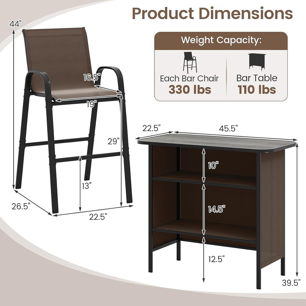 Tangkula 3 Piece Outdoor Bar Set, Patio Bar Height Table & Armchairs with Footrest, Wood Plastic Tabletop & 2-Tier Shelf, Heavy-Duty Metal Barstools & Table Furniture for Backyard, Poolside (Brown)