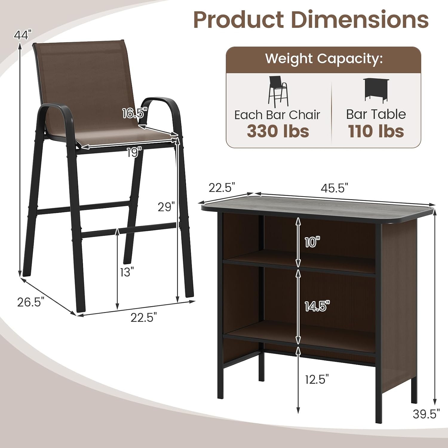 Tangkula 3 Piece Outdoor Bar Set, Patio Bar Height Table & Armchairs with Footrest, Wood Plastic Tabletop & 2-Tier Shelf, Heavy-Duty Metal Barstools & Table Furniture for Backyard, Poolside (Brown)