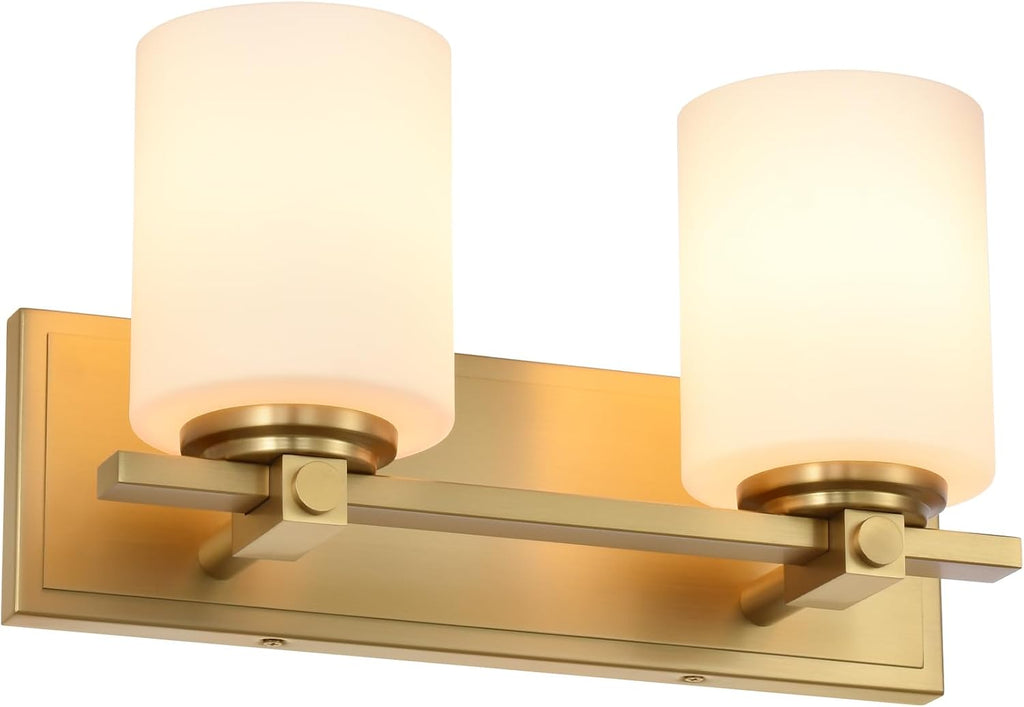 Gold Bathroom Vanity Light Fixtures, Aged Brass 2 Lights Transitional Vanity Lighting Fixture with Opal Glass Shade, Porch Wall Mount Light Fixture for Bathroom, Mirror Cabinets Hallway Stairs