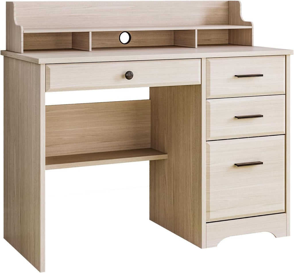 4 EVER WINNER Small Desk with Drawers for Small Spaces, 44'' Computer Desk with File Cabinet & Monitor Stand, Wood Writing Desk for Bedroom, Living Room, Off White