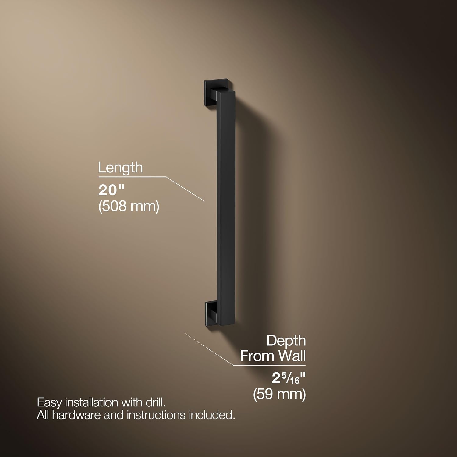 KOHLER K-23294-BL Square 18 Inch Grab Bar, Installation Hardware Included, 300lb Capacity, Matte Black