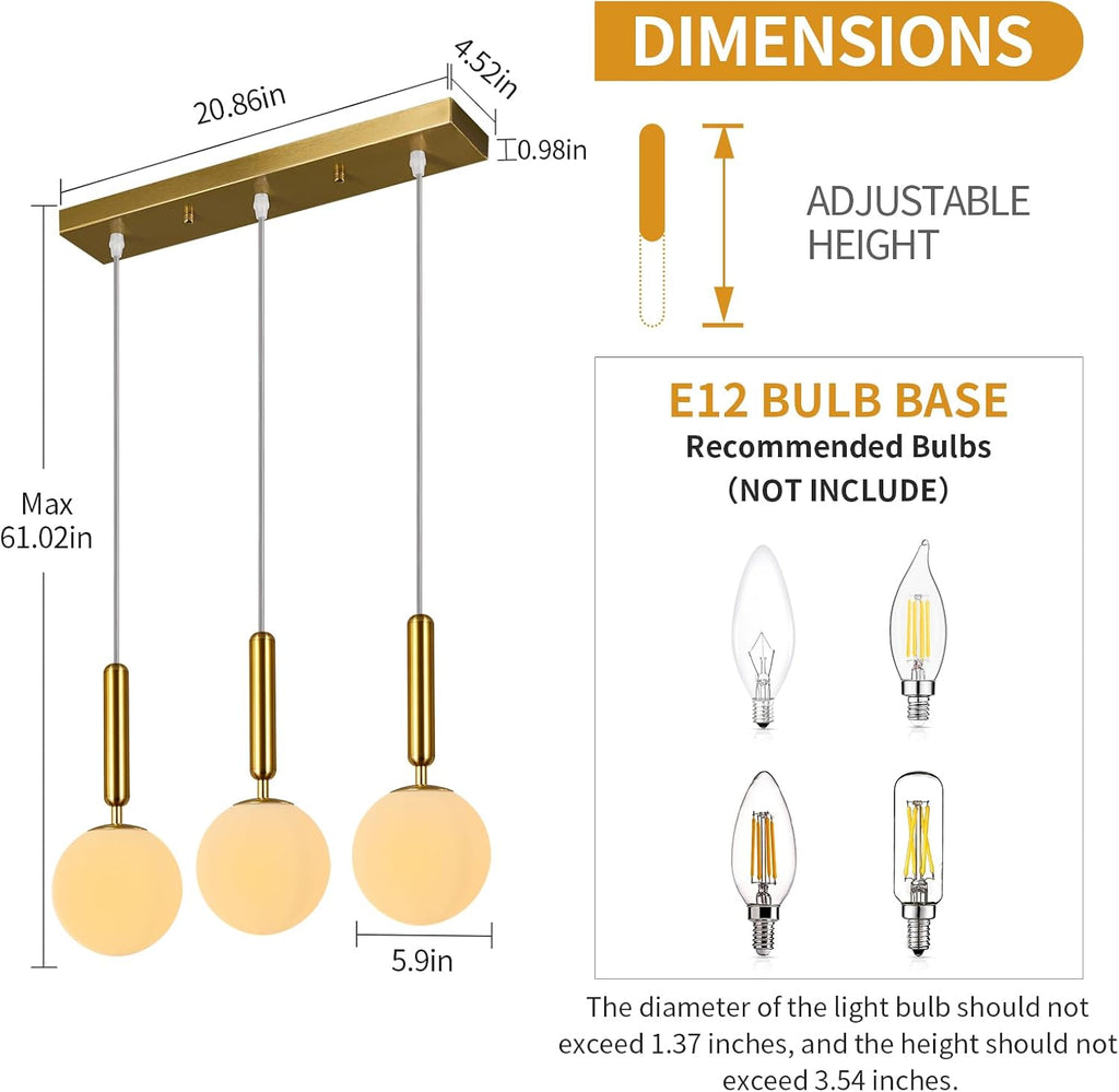 Modern Gold Pendant Light Hanging Fixture Light for Kitchen Island Mid Century with Globe Pendant Light Milk White Glass Pendant Lighting for Living Room Bedroom Entryway (3-Light)