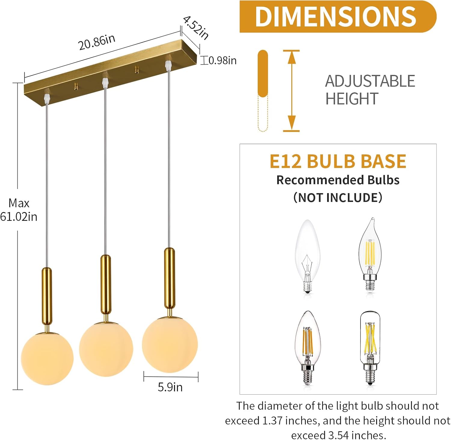 Modern Gold Pendant Light Hanging Fixture Light for Kitchen Island Mid Century with Globe Pendant Light Milk White Glass Pendant Lighting for Living Room Bedroom Entryway (3-Light)
