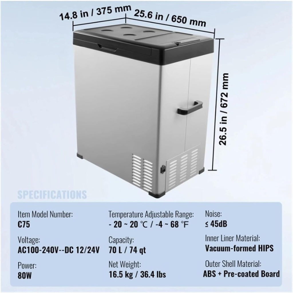 Car Refrigerator 12 Volt 70 L Single Portable Freezer 12/24V DC And 100-240V AC Compressor Cooler For Outdoor Camping RV