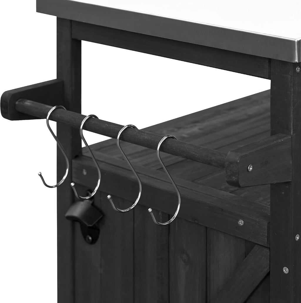 50.25 Outdoor Kitchen Island, Rolling Bar Cart & Storage Cabinet, Farmhouse Solid Wood Outdoor Grill Table with Stainless Steel Top, Spice Rack, Towel Rack for Kitchen & BBQ, Black