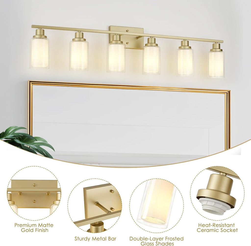 Jonsi Bathroom Vanity Light 6-Light Gold Vanity Lights 44.5' Bathroom Light Fixtures Over Mirror with Double Clear Glass Modern Wall Sconces for Living Room Hallway Bedroom